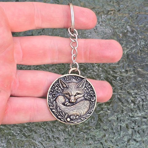 SLEEPING FOX, KEYCHAIN, ZINC, OLD BRASS