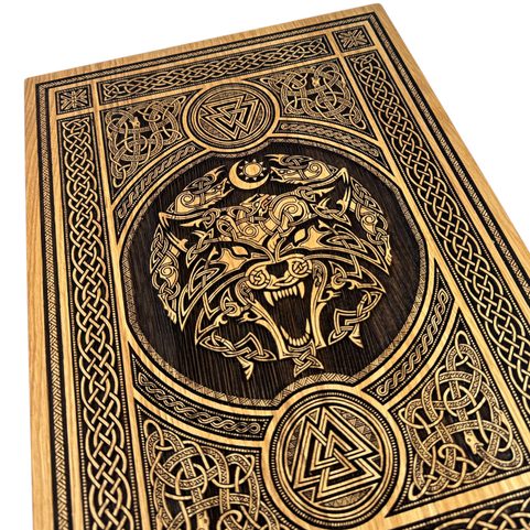 FENRIR LOUP AVEC ORNEMENTS DÉCORATION MURALE, BOIS 32X46CM