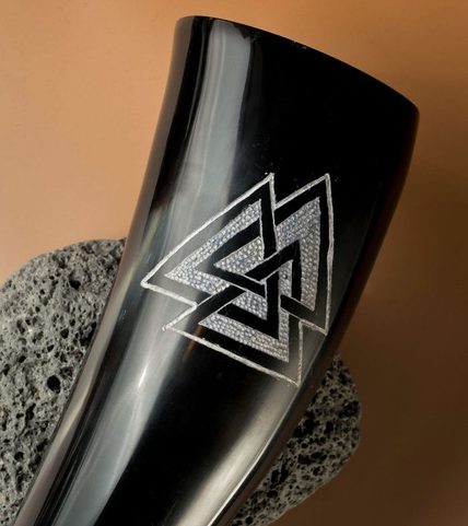 VALKNUT, CARVED DRINKING HORN