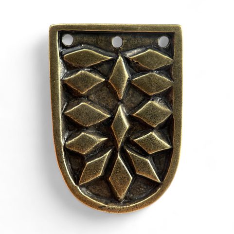 VIKING STRAP END FOR BELTS, HAITHABU, ZINC - ANTIQUE BRASS