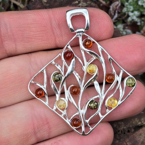 AUTUMN TREE, SILVER PENDANT WITH AMBER, AG 925
