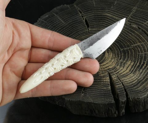 JOKUL, HAND FORGED KNIFE, CARVED ANTLER