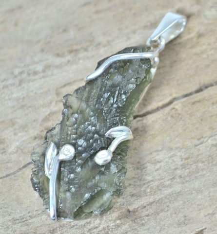 TERRA BOHEMIA, RAW MOLDAVITE PENDANT, STERLING SILVER