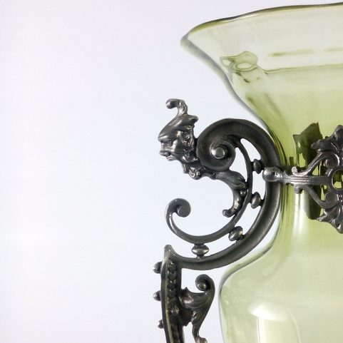 GREEN MAN, MASCARON, HISTORICAL GLASS VASE