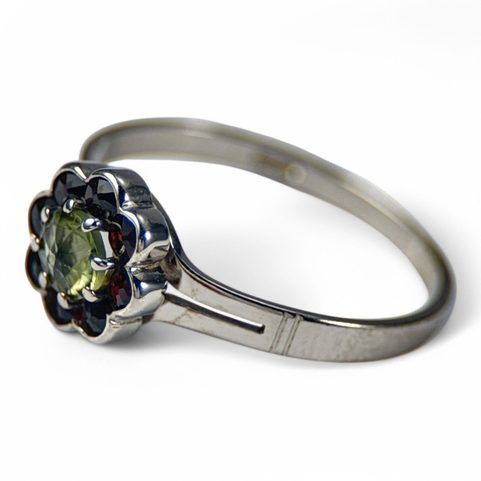 MOLDAU, RING WITH GARNETS AND MOLDAVITE, SILVER 925/1000
