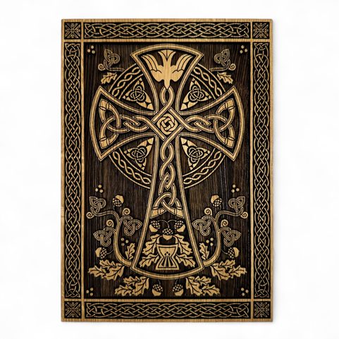 KELTISCHES KREUZ, WANDBILD AUS HOLZ 21X30CM, WEIDENRAHMEN