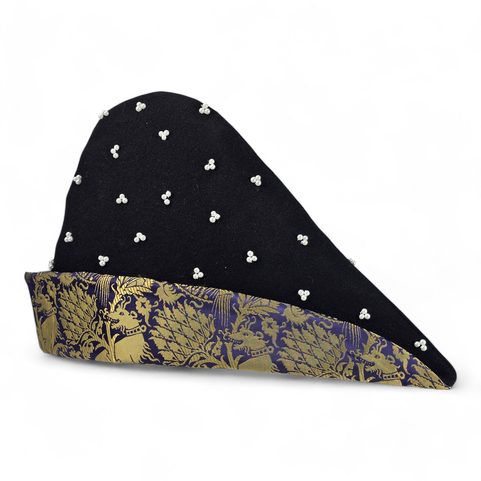 MEDIEVAL WOOL CAP, BROCADE, FEATHERS