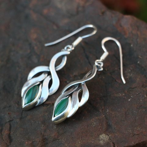ELVISH EARRINGS, MALACHITE, STERLING SILVER