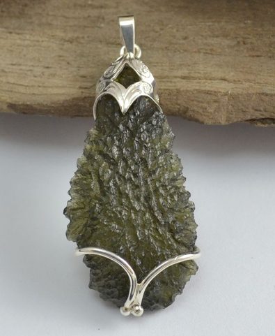 CRESSIDA, RAW MOLDAVITE PENDANT, STERLING SILVER
