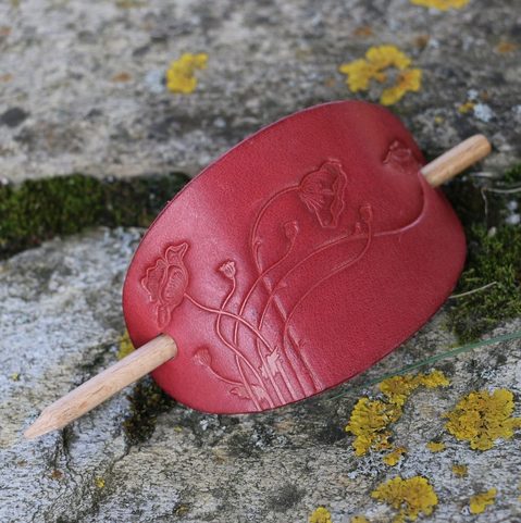 RED POPPY, LEATHER HAIR CLIP, RED