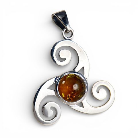 TRISKEL CELTIQUE, PENDENTIF, AMBRE, ARGENT 925/1000