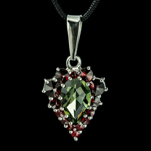 VENUS, MOLDAVITE, GARNET, SILVER PENDANT