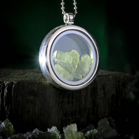 MOLDAVITE STEEL FLOATING LOCKET, ORIGINAL FROM THE CZECH REPUBLIC