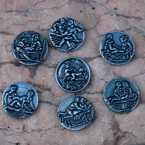 SPINTRIAE, MONNAIE ÉROTIQUE 7 PIÈCES ET PORTE-MONNAIE - POMPÉI, ZINC