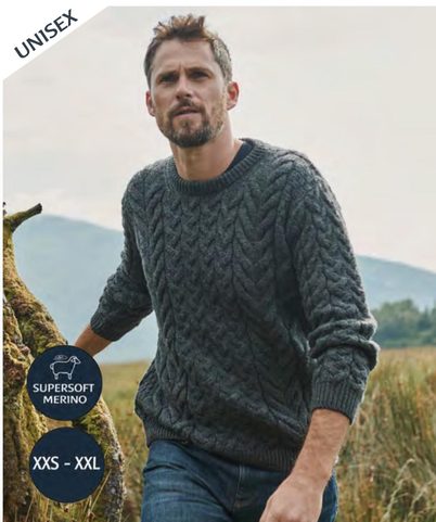 IRISH CABLE & WEAVE SWEATER, ARAN, SUPERSOFT MERINO WOOL
