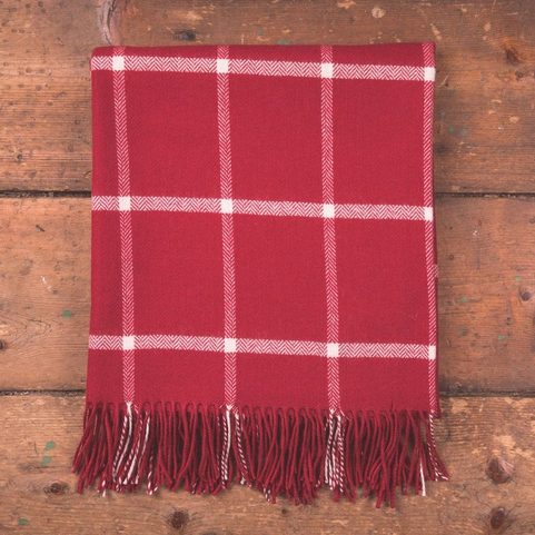 RED & WHITE WINDOWPANE THROW, LAMBS WOOL BLANKET