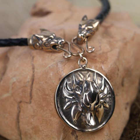 SLAVIC WOLF NECKLACE, BRONZE, LEATHER