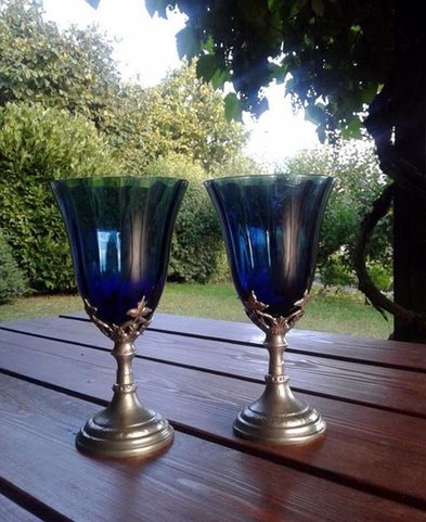 BLUE HUE, GOBLET, BLUE GLASS AND PEWTER