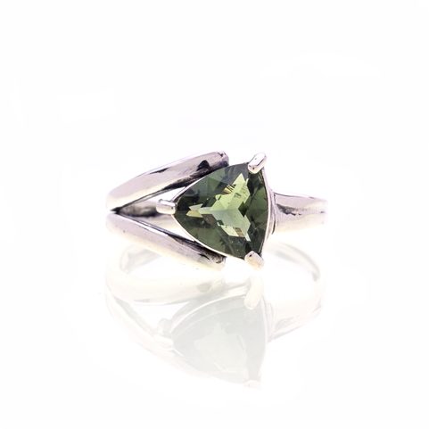 MOLDAVITE RING, TRILLION CUT, STERLING SILVER