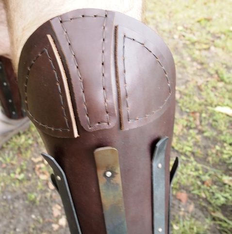 HEAVY LEATHER GREAVES REINFORCED WITH STEEL STRIPS, PRICE FOR THE PAIR