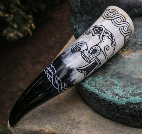 VIKING RAVEN, CARVED DRINKING HORN