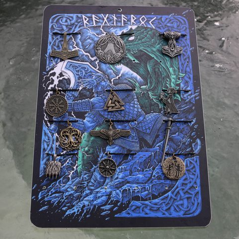 VIKING AMULETS 12 PIECES AND A PRESENTATION BOARD, DISCOUNTED SET