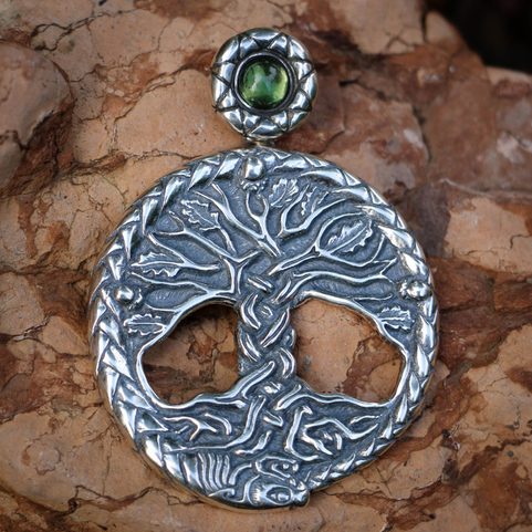 CELTIC OAK SACRED TREE OF LIFE PENDANT SILVER AND MOLDAVITE