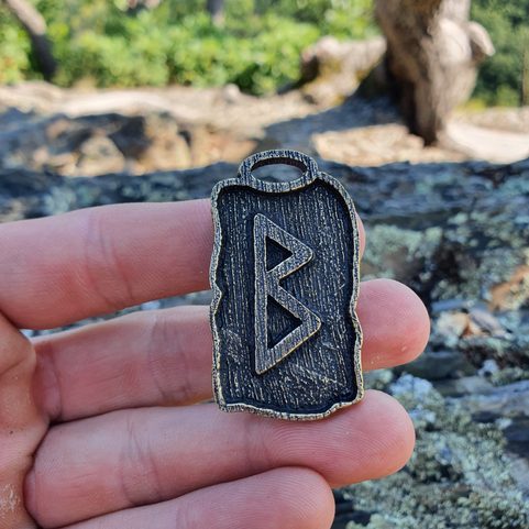 BERKANO - RUNE PENDANT, ZINC ANT. BRASS