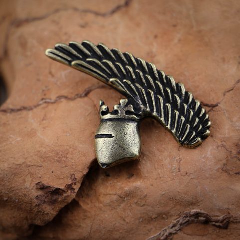 KNIGHT'S HELMET, PENDANT, ZINC, ANT. BRASS