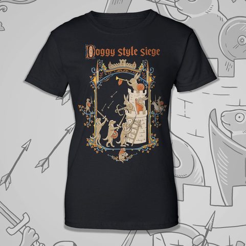 DOGGY STYLE SIEGE - MEDIEVAL HARES AND DOGS, WOMEN'S T-SHIRT, BLACK