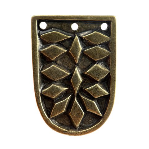 VIKING STRAP END FOR BELTS, HAITHABU, ZINC - ANTIQUE BRASS