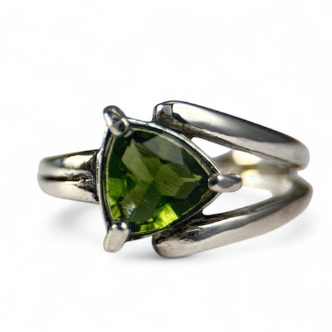 MOLDAVITE RING, TRILLION CUT, STERLING SILVER