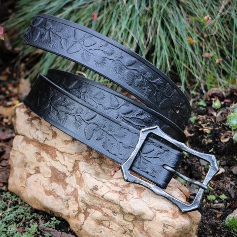 PINE CONES, FORESTRY LEATHER BELT WITH FORGED BUCKLE, BLACK