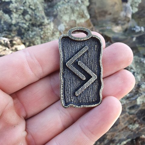 JERA, ANGLO-SAXON FUTHARK RUNE PENDANT, ZINC ANT. BRASS