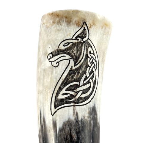 CELTIC WOLF, CARVED DRINKING HORN