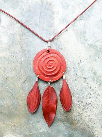 RED SPIRAL NECKLACE, LEATHER JEWEL