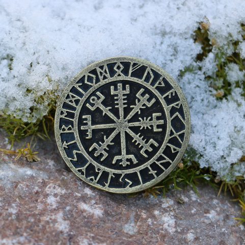 VEGVISIR, ICELANDIC RRUNES, PENDANT, ZINC ANT. BRASS