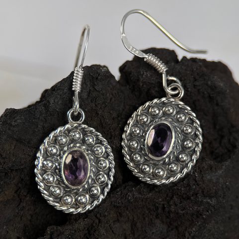 DOMINIA, SILVER ANTIQUE EARRINGS, AMETHYST, AG 925/1000