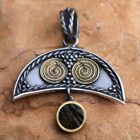 LUNA WITH MOLDAVITE SLAVIC WOMEN'S PENDANT, GOLD-PLATED SILVER