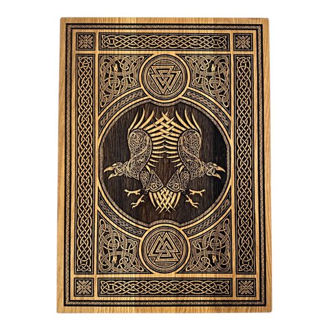 HUNINN AND MUNINN WITH ORNAMENTS, WALL DECORATION, WOOD 32X46CM