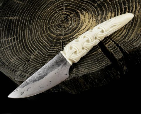 JOKUL, HAND FORGED KNIFE, CARVED ANTLER