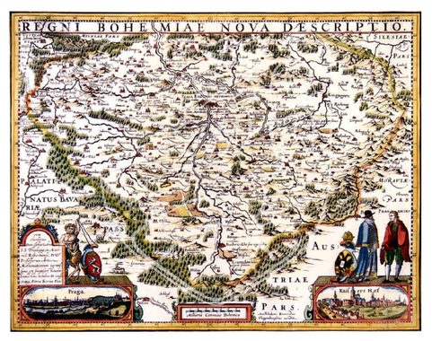 CARTE HISTORIQUE DE LA BOHÊME, PAPIER FAIT MAIN, REGNI BOHEMIAE NOVA DESCRIPTIO