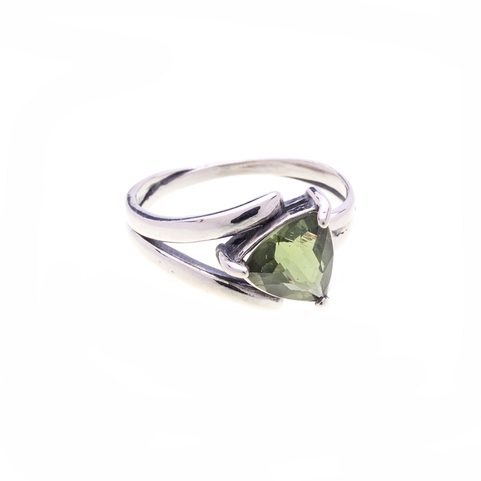MOLDAVITE RING, TRILLION CUT, STERLING SILVER