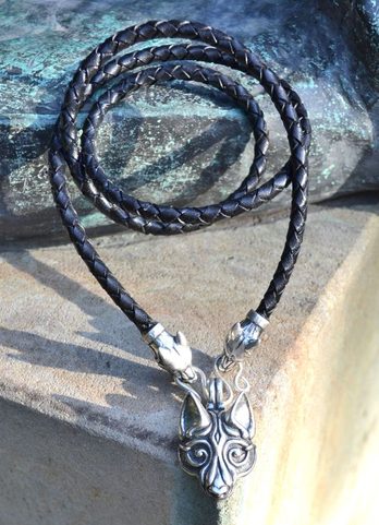 FENRIR VIKING WOLF, NECKLACE, STERLING SILVER 925, 34 G., LEATHER