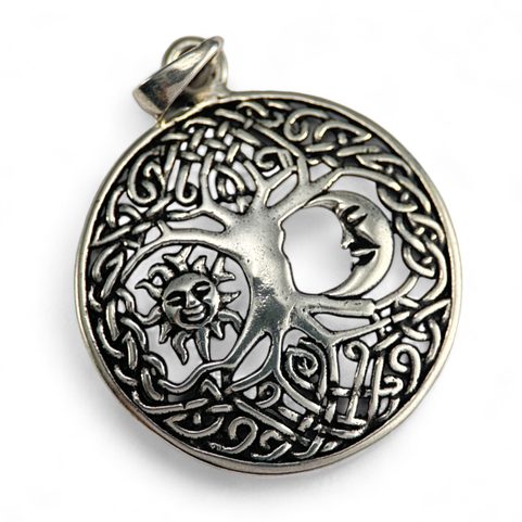SUN AND MOON IN LIVING TREE, SILVER PENDANT