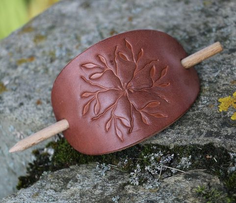 OFILIA, LEATHER HAIR CLIP, BROWN