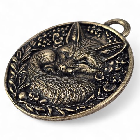 SLEEPING FOX, PENDANT, ZINC, ANTIQUE BRASS
