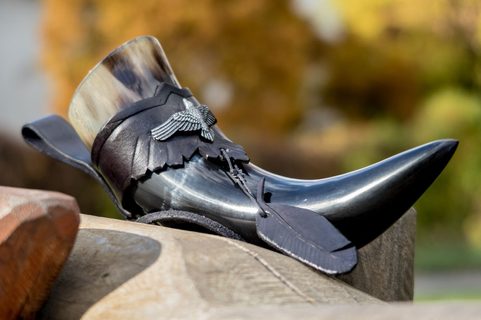 CORVUS, DRINKING HORN AND LEATHER HOLDER