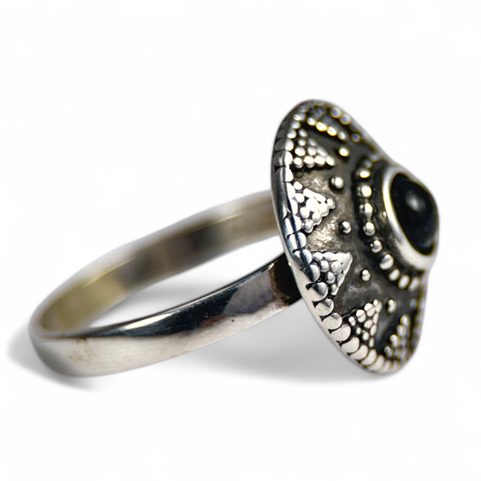 SLAVIC RING WITH MOLDAVITE, SILVER