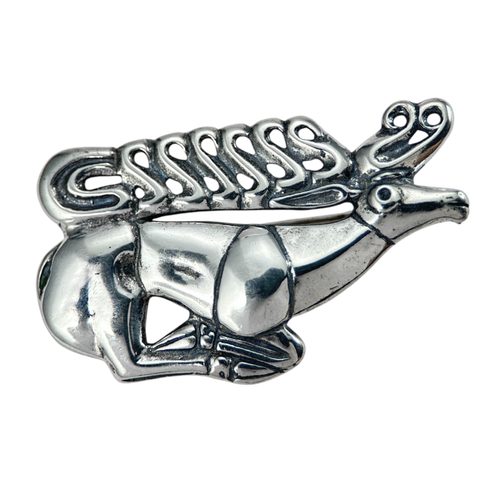 SCYTHIAN STAG BROOCH, STERLING SILVER